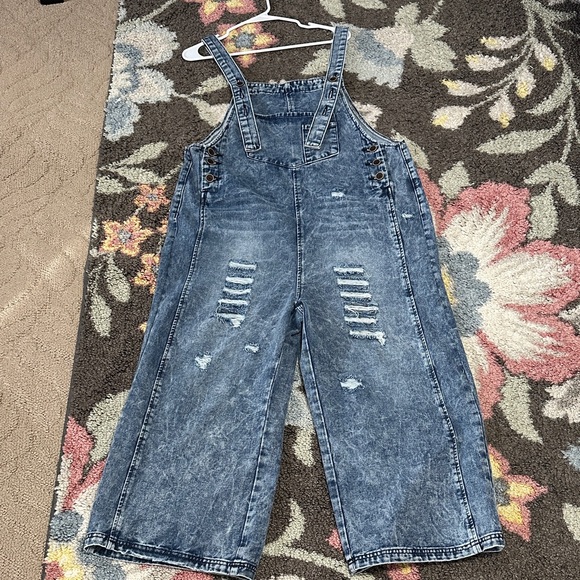 Pants - Women’s Cropped Distressed Denim Overalls Large